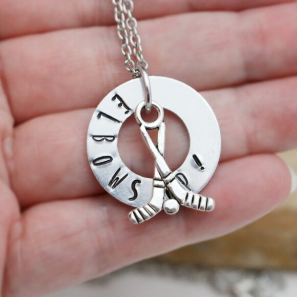 Elbows Up! Hockey Hand Stamped Pendant Necklace - Handmade & Hypoallergenic - Picture 5 of 10